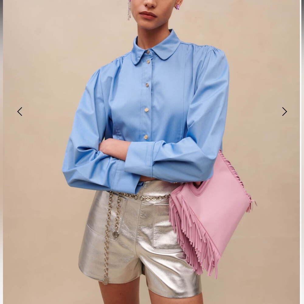 Maje Cinema Cropped Blue Button Down Shirt - Picture 4 of 17